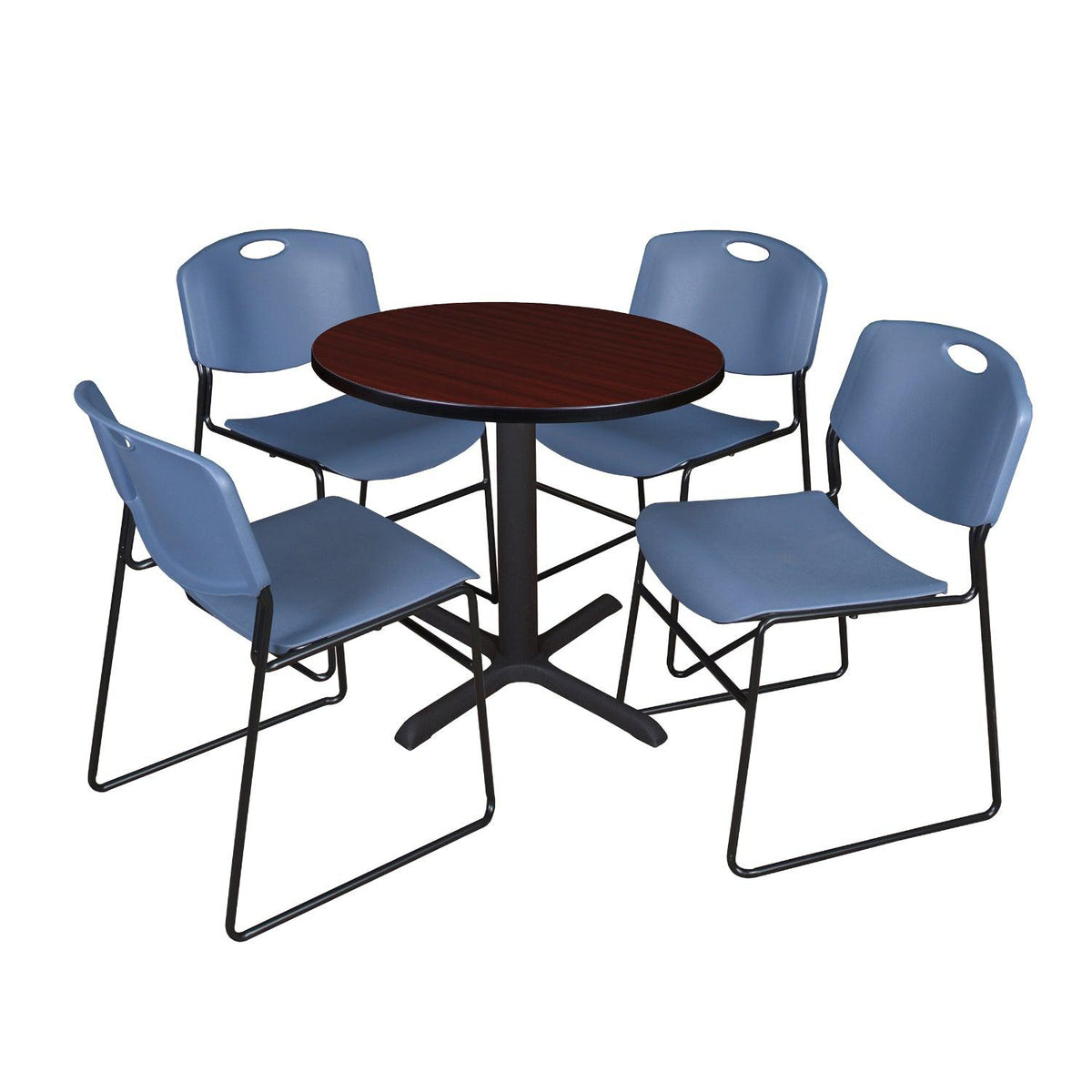 Cain Round Breakroom Table and Chair Package, Cain 30" Round X-Base Breakroom Table with 4 Zeng Stack Chairs