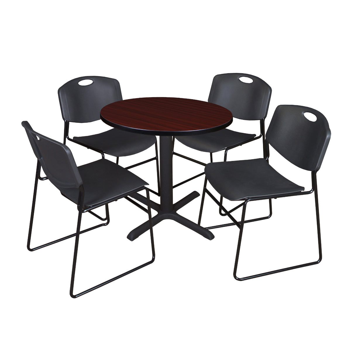 Cain Round Breakroom Table and Chair Package, Cain 30" Round X-Base Breakroom Table with 4 Zeng Stack Chairs