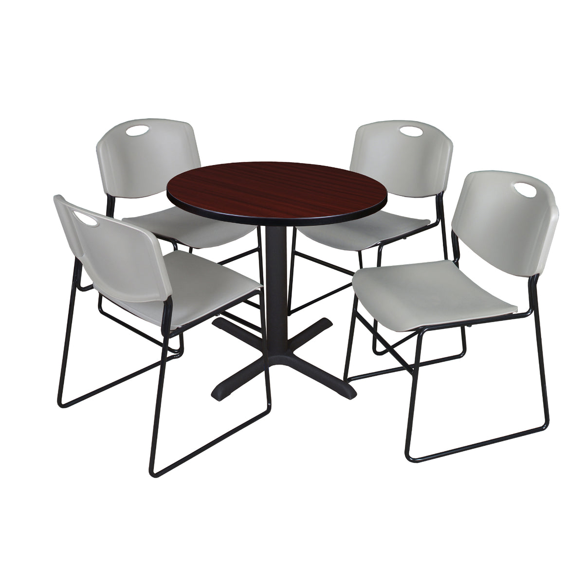 Cain Round Breakroom Table and Chair Package, Cain 30" Round X-Base Breakroom Table with 4 Zeng Stack Chairs