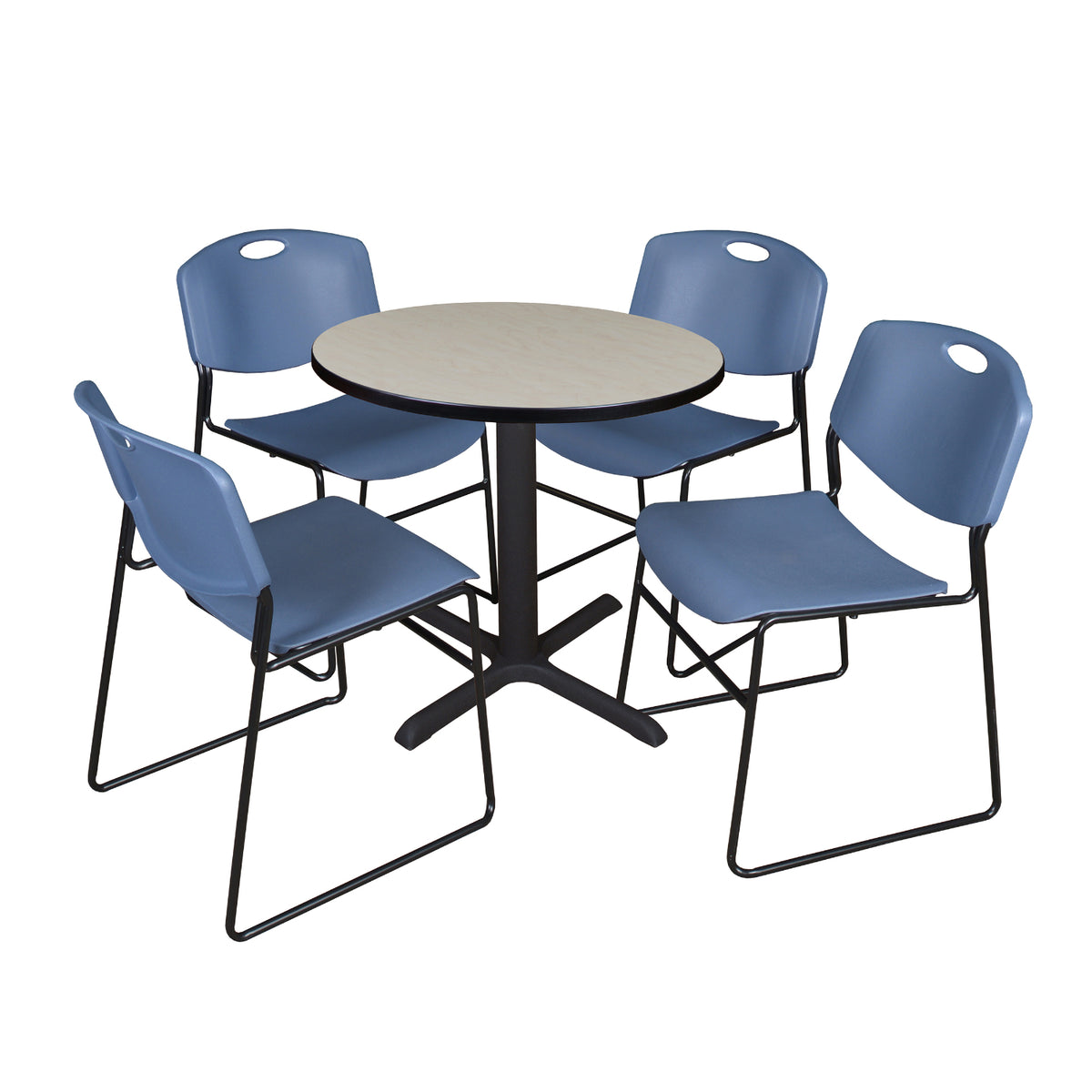 Cain Round Breakroom Table and Chair Package, Cain 30" Round X-Base Breakroom Table with 4 Zeng Stack Chairs