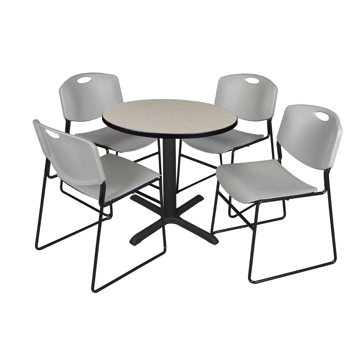 Cain Round Breakroom Table and Chair Package, Cain 30" Round X-Base Breakroom Table with 4 Zeng Stack Chairs