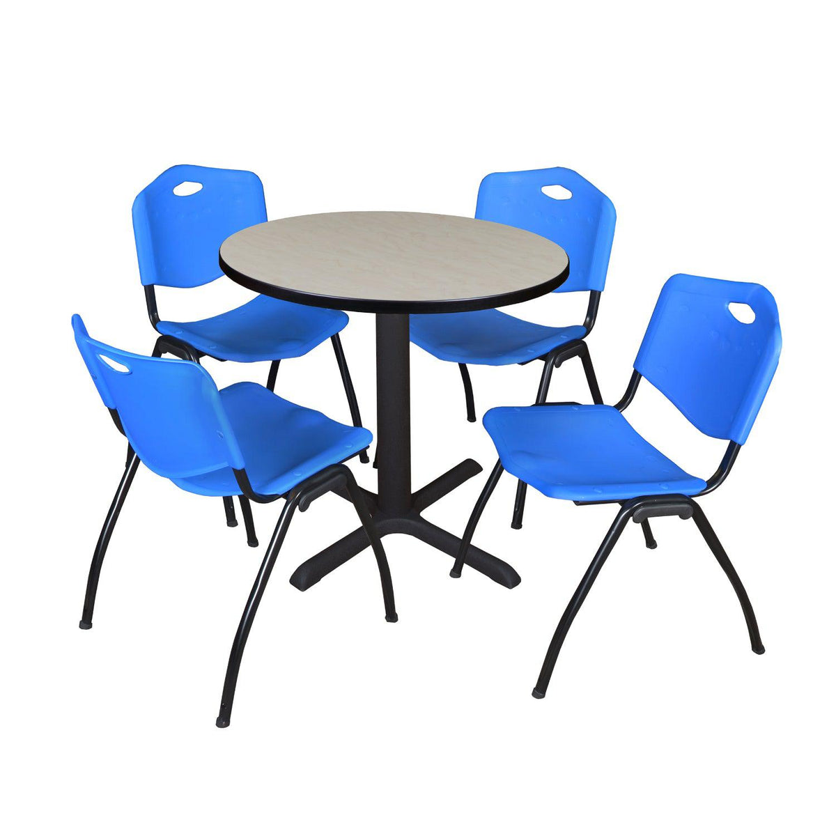Cain Round Breakroom Table and Chair Package, Cain 30" Round X-Base Breakroom Table with 4 "M" Stack Chairs