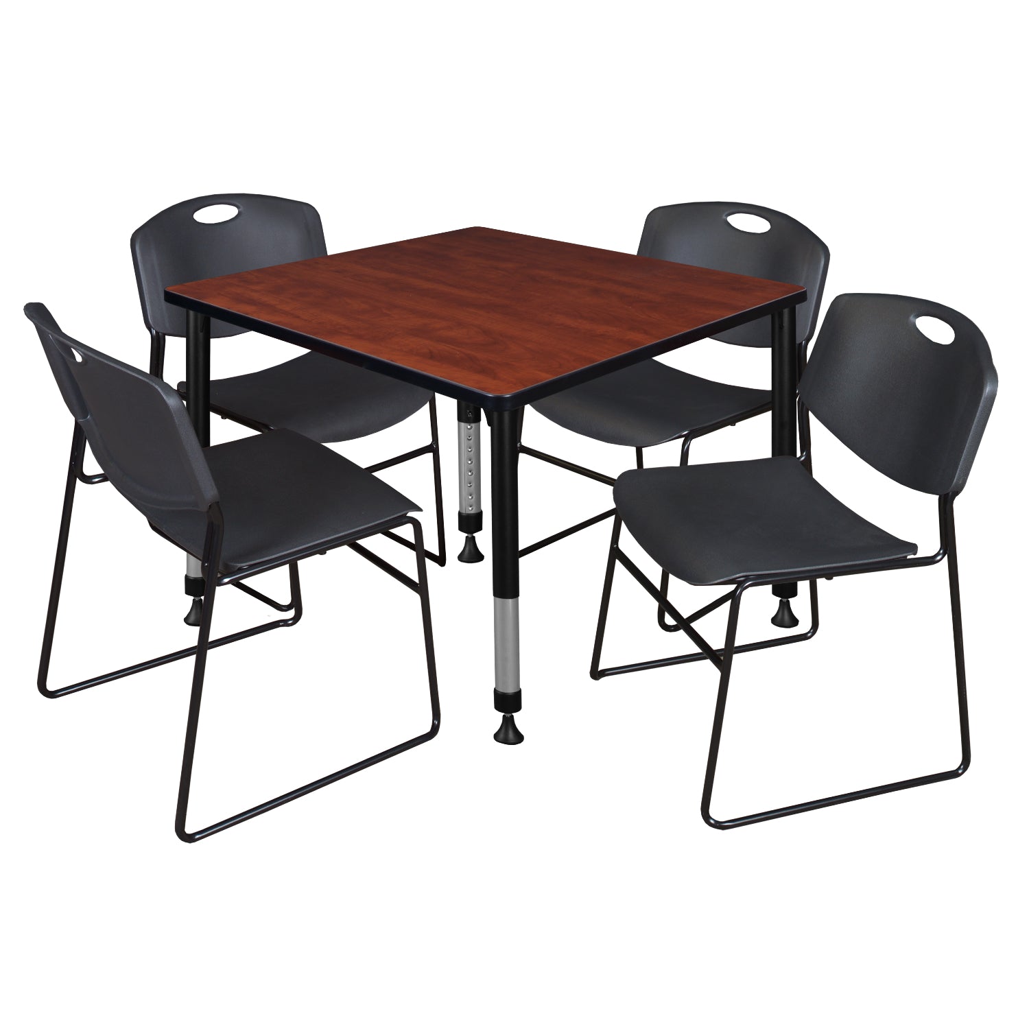 Kee Classroom Table and Chair Package, Kee 36" Square Adjustable Height Table with 4 Black Zeng Stack Chairs
