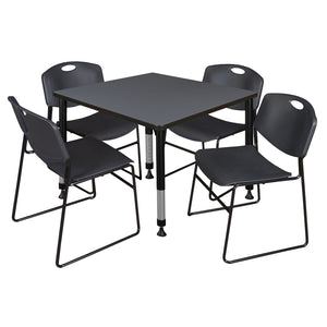 Kee Classroom Table and Chair Package, Kee 36" Square Adjustable Height Table with 4 Black Zeng Stack Chairs