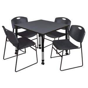 Kee Classroom Table and Chair Package, Kee 36" Square Mobile Adjustable Height Table with 4 Black Zeng Stack Chairs