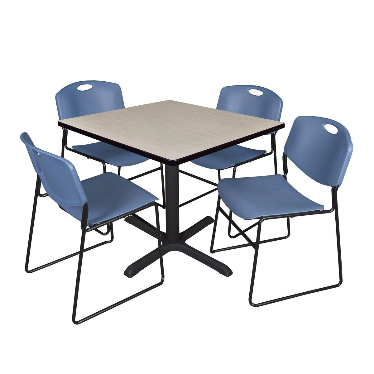 Cain Square Breakroom Table and Chair Package, Cain 36" Square X-Base Breakroom Table with 4 Zeng Stack Chairs