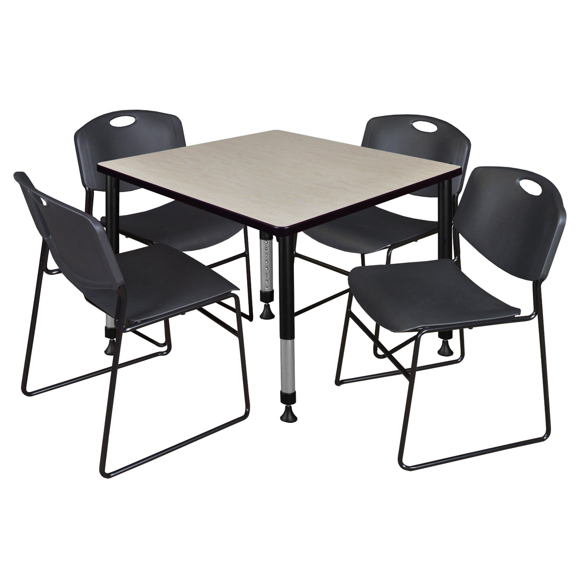 Kee Classroom Table and Chair Package, Kee 36" Square Adjustable Height Table with 4 Black Zeng Stack Chairs