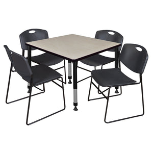 Kee Classroom Table and Chair Package, Kee 36" Square Adjustable Height Table with 4 Black Zeng Stack Chairs