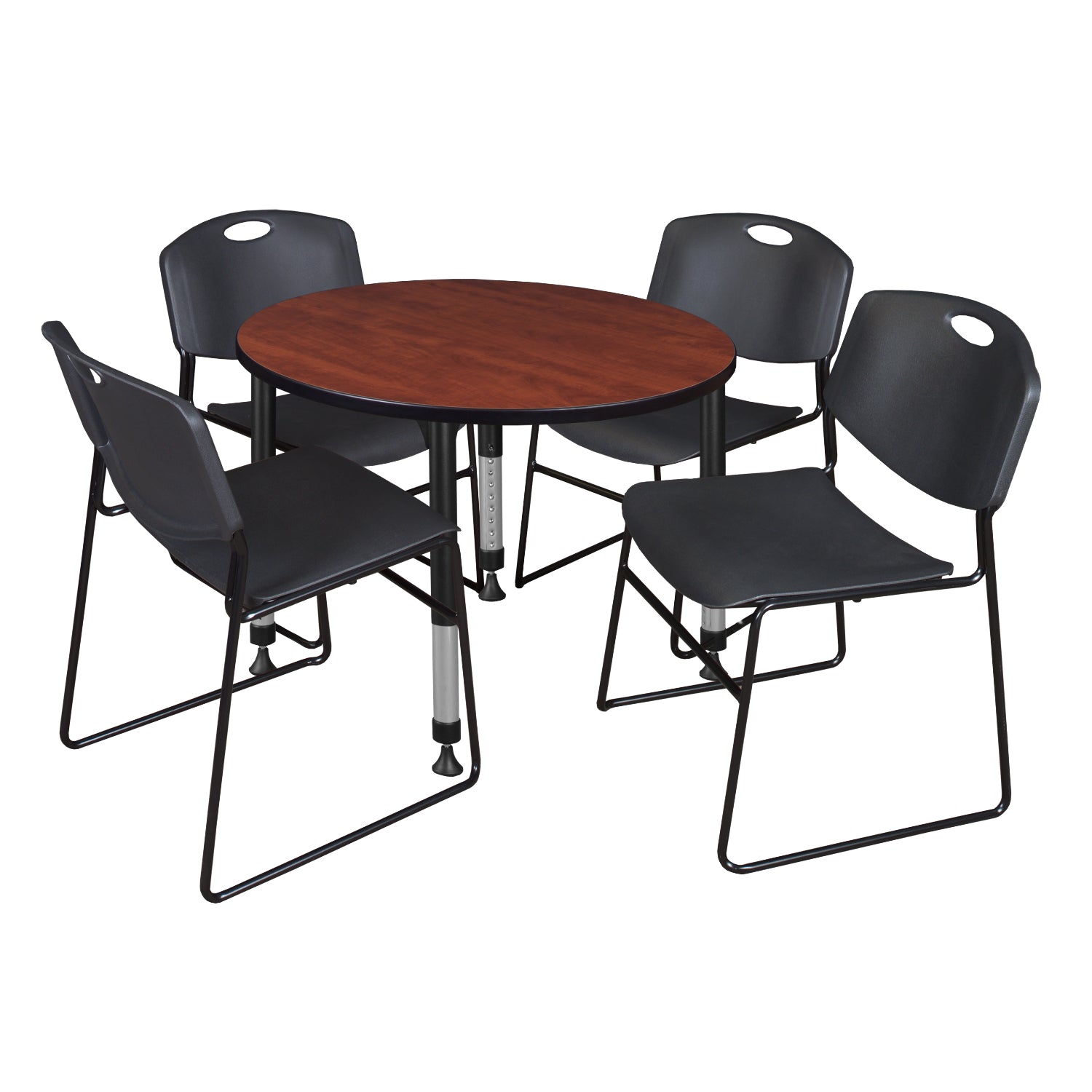 Kee Classroom Table and Chair Package, Kee 36" Round Adjustable Height Table with 4 Black Zeng Stack Chairs