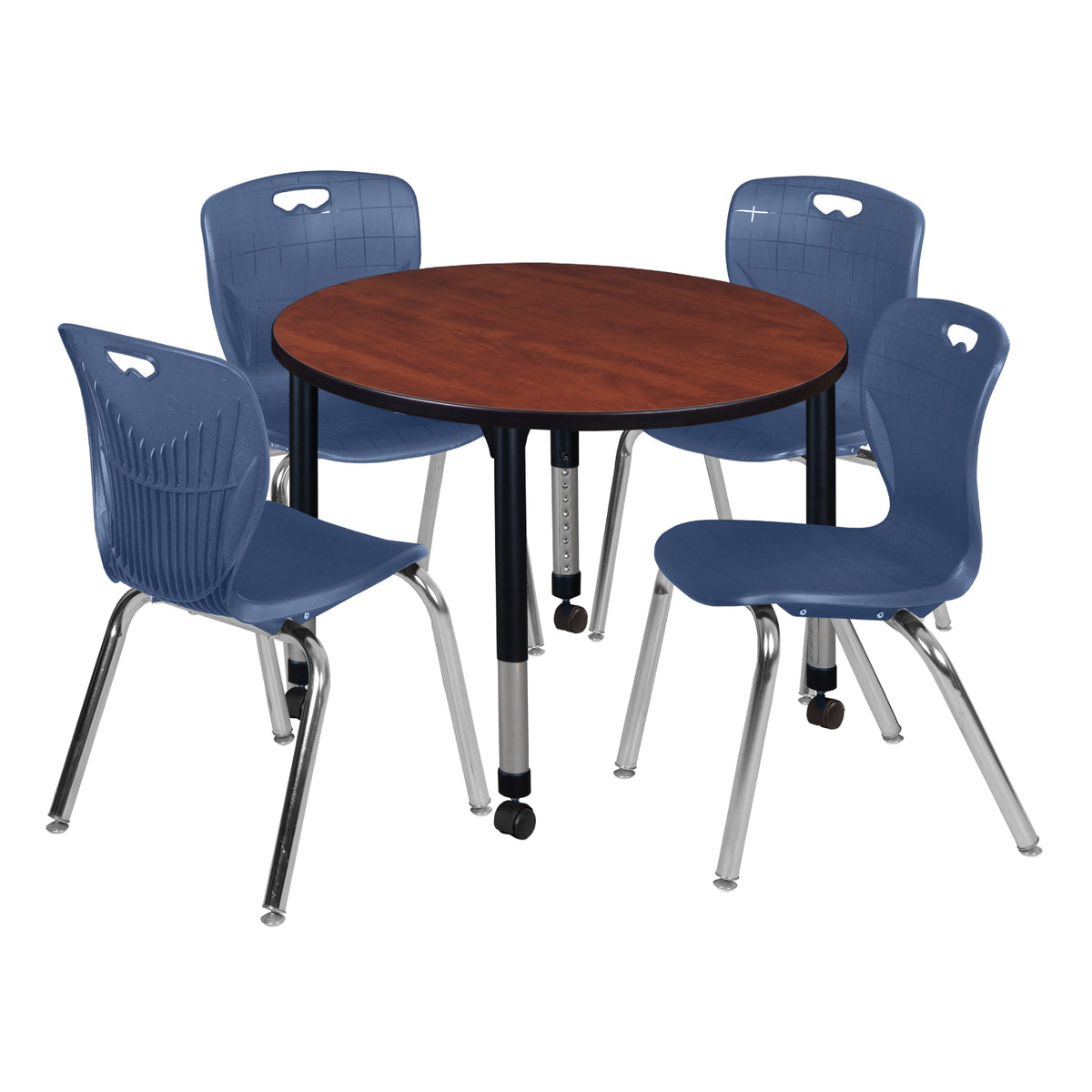 Kee Classroom Table and Chair Package, Kee 36" Round Mobile Adjustable Height Table with 4 Andy 18" Stack Chairs