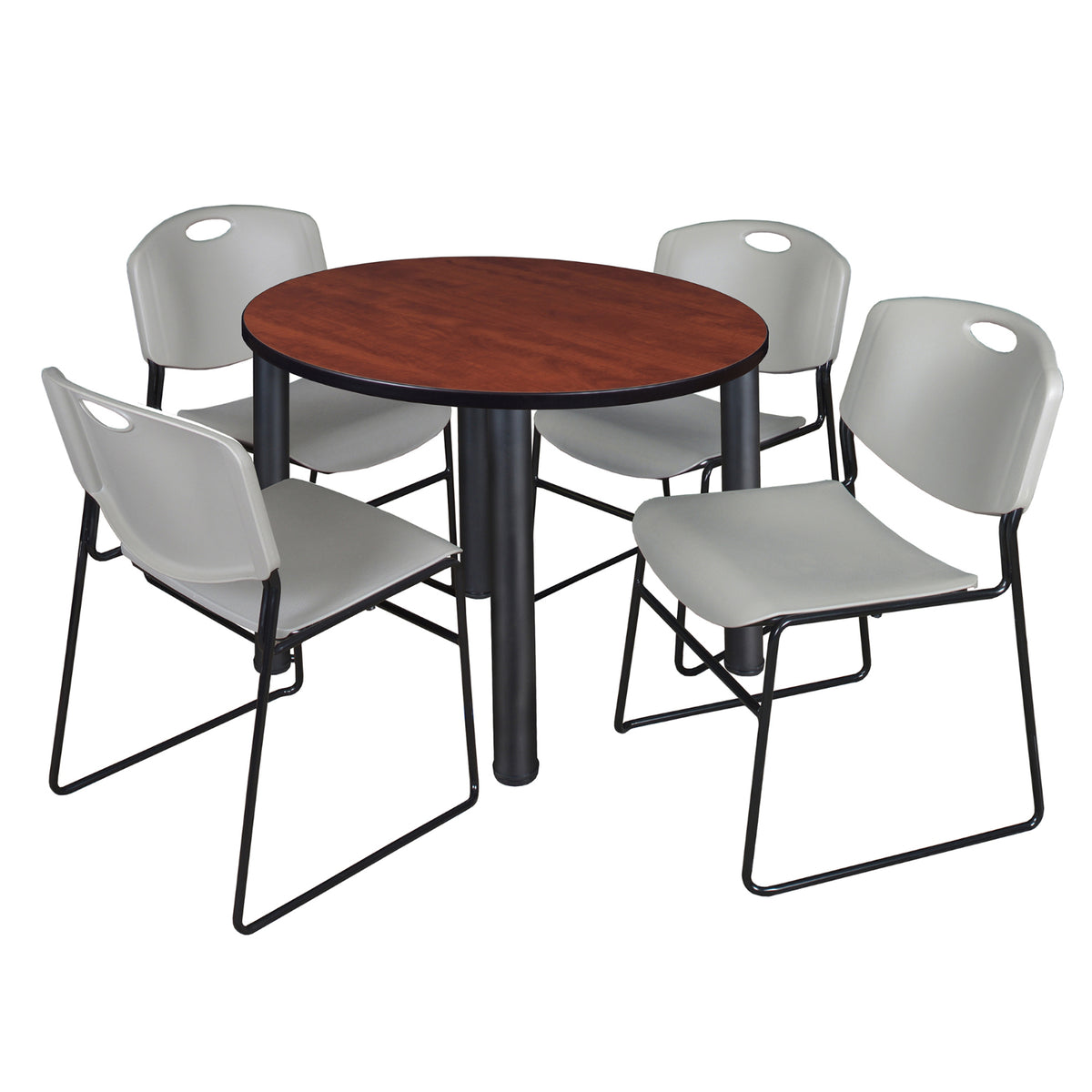 Kee Round Breakroom Table and Chair Package, Kee 36" Round Post-Leg Breakroom Table with 4 Zeng Stack Chairs