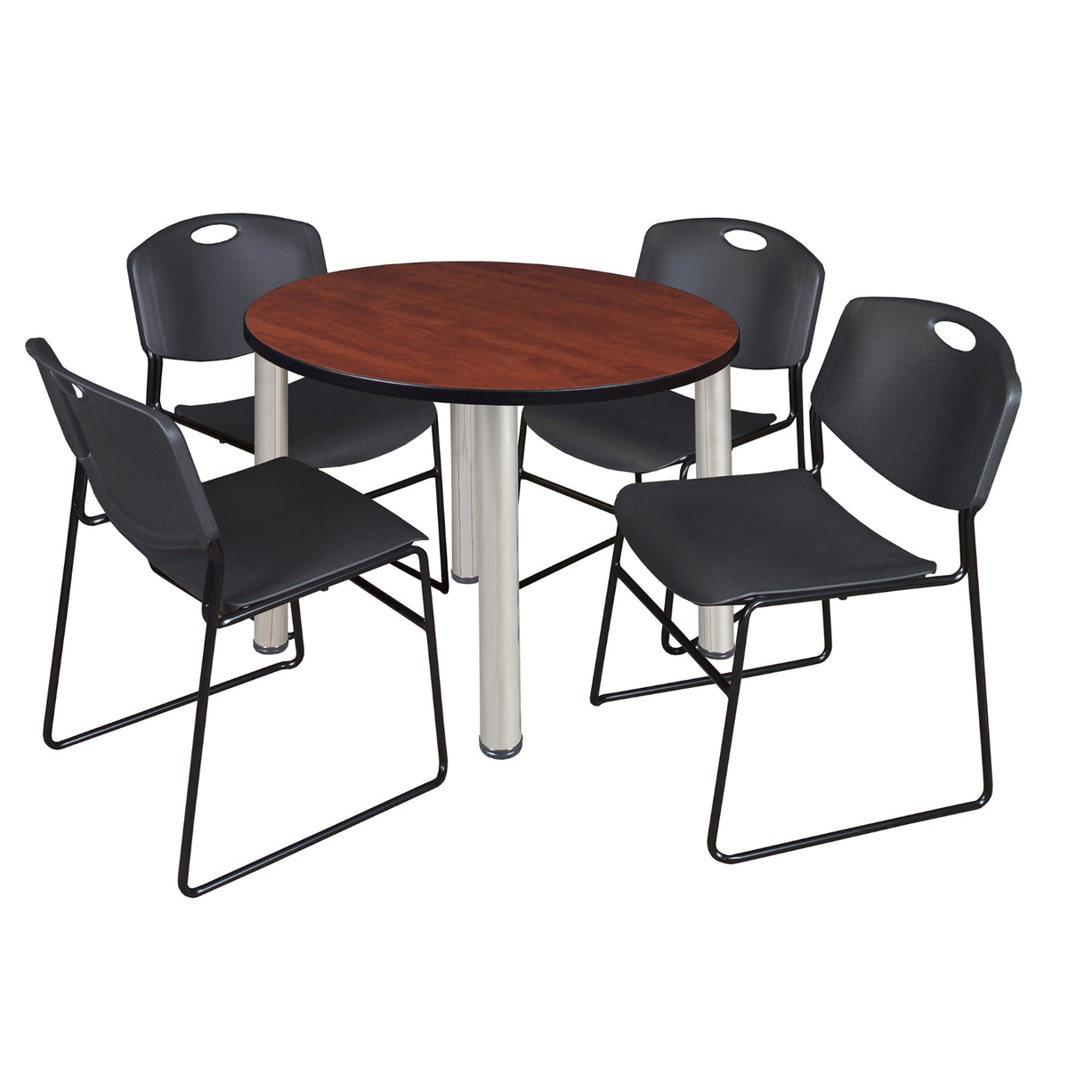 Kee Round Breakroom Table and Chair Package, Kee 36" Round Post-Leg Breakroom Table with 4 Zeng Stack Chairs