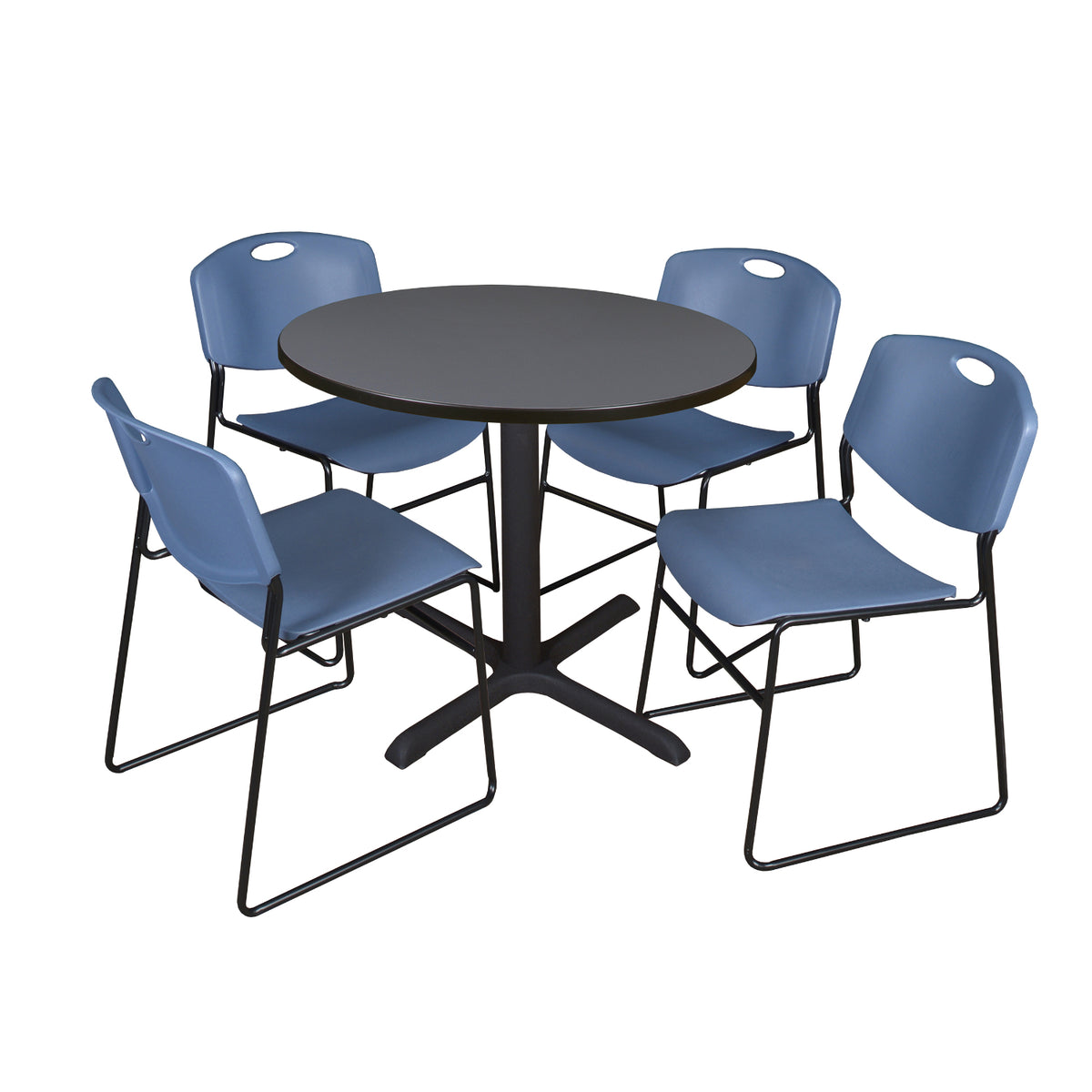 Cain Round Breakroom Table and Chair Package, Cain 36" Round X-Base Breakroom Table with 4 Zeng Stack Chairs