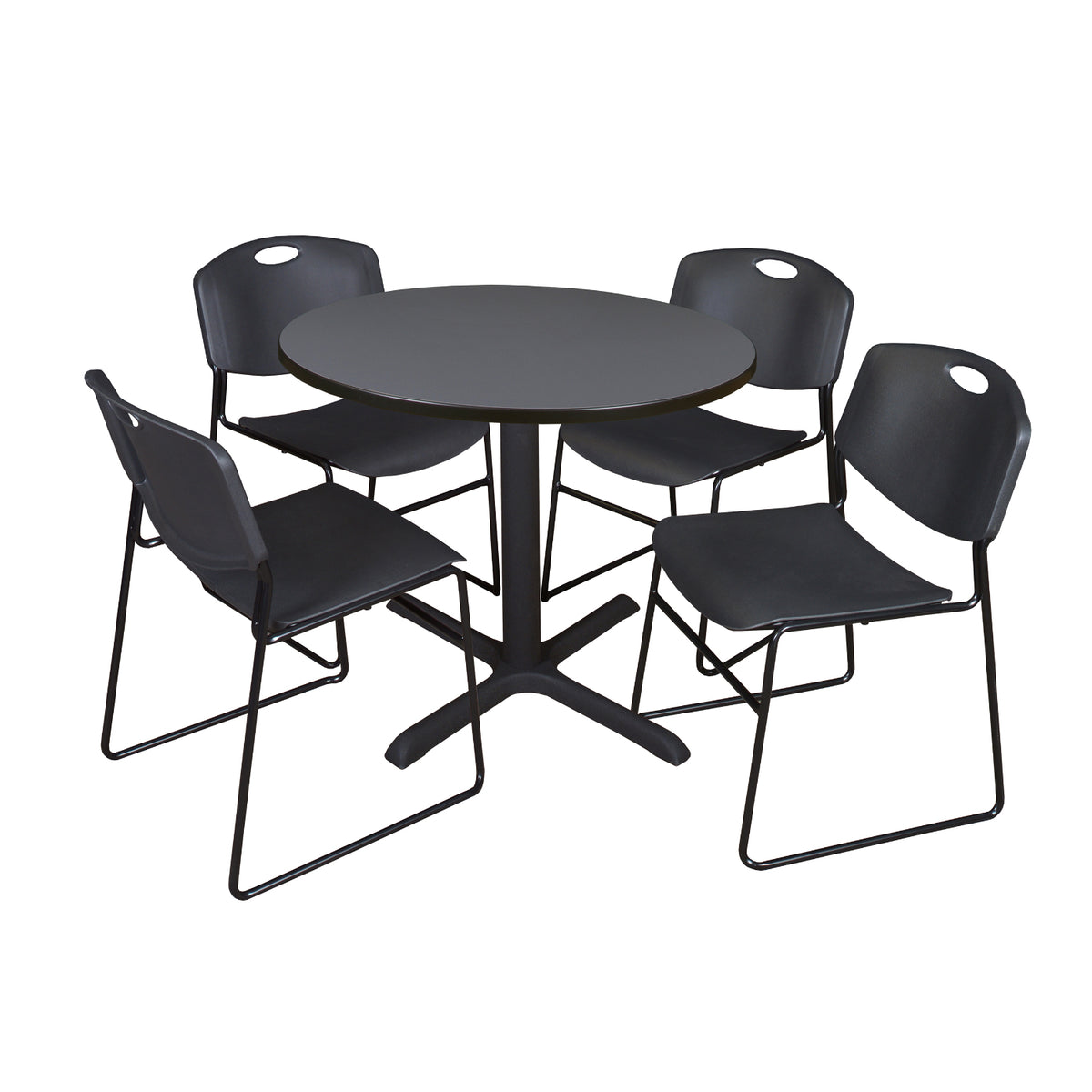 Cain Round Breakroom Table and Chair Package, Cain 36" Round X-Base Breakroom Table with 4 Zeng Stack Chairs