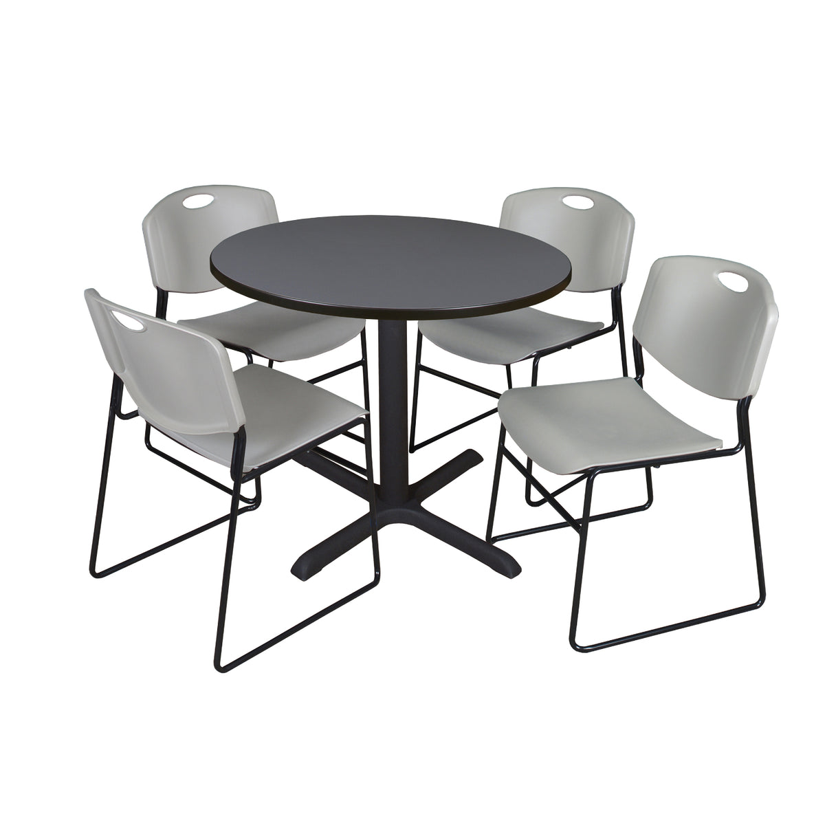 Cain Round Breakroom Table and Chair Package, Cain 36" Round X-Base Breakroom Table with 4 Zeng Stack Chairs