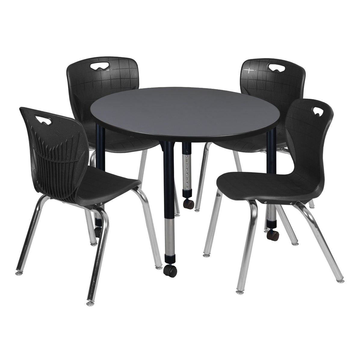Kee Classroom Table and Chair Package, Kee 36" Round Mobile Adjustable Height Table with 4 Andy 18" Stack Chairs