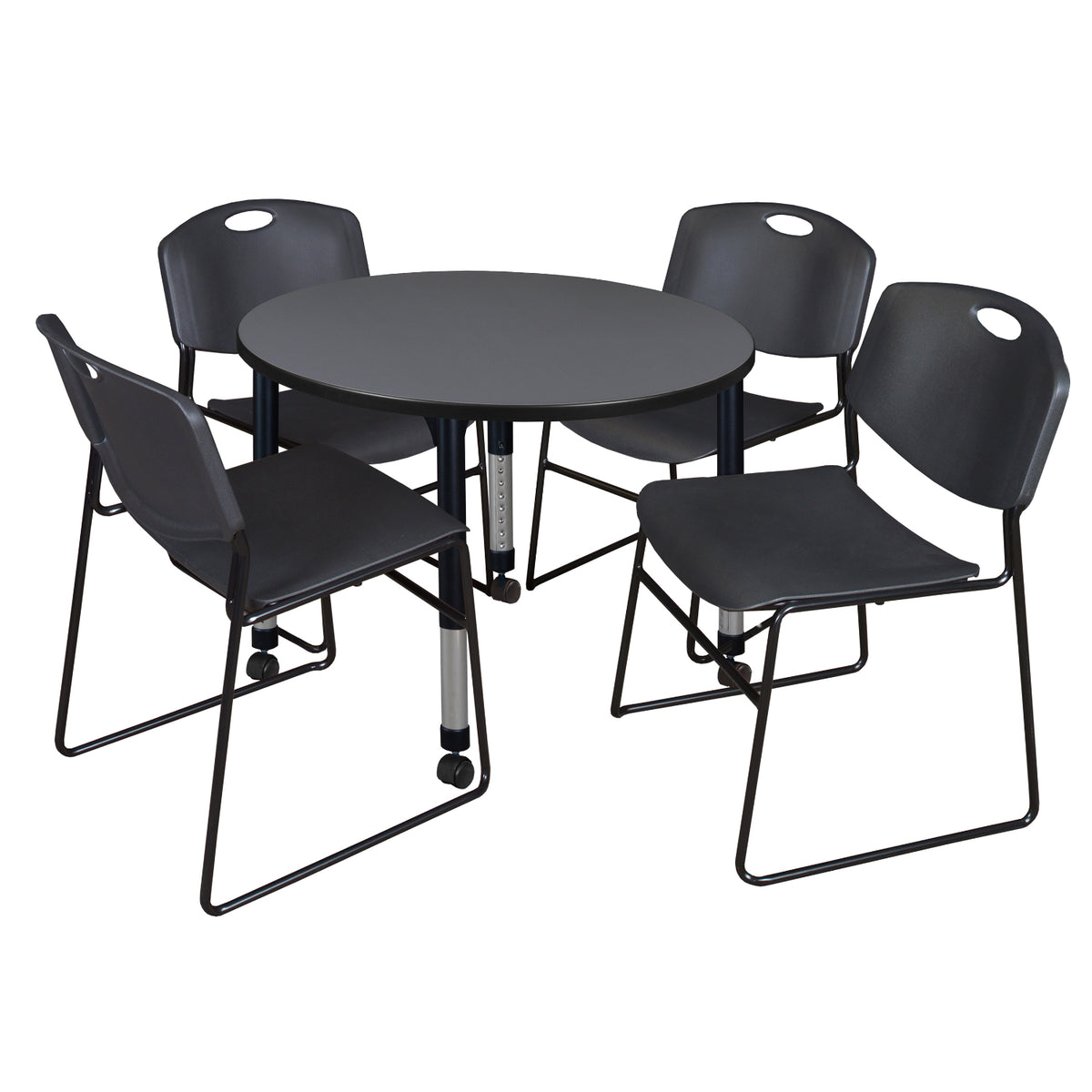 Kee Classroom Table and Chair Package, Kee 36" Round Mobile Adjustable Height Table with 4 Black Zeng Stack Chairs