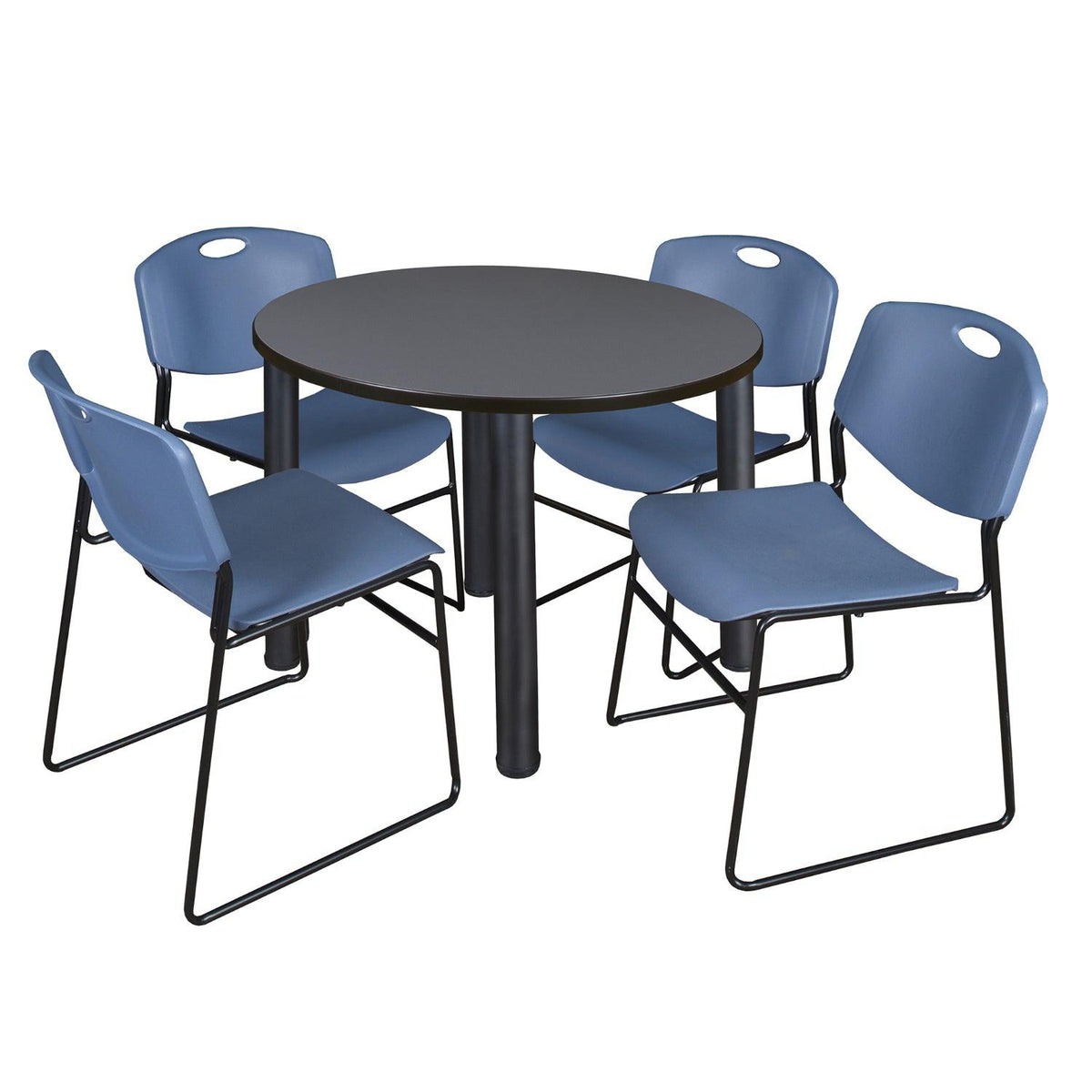 Kee Round Breakroom Table and Chair Package, Kee 36" Round Post-Leg Breakroom Table with 4 Zeng Stack Chairs