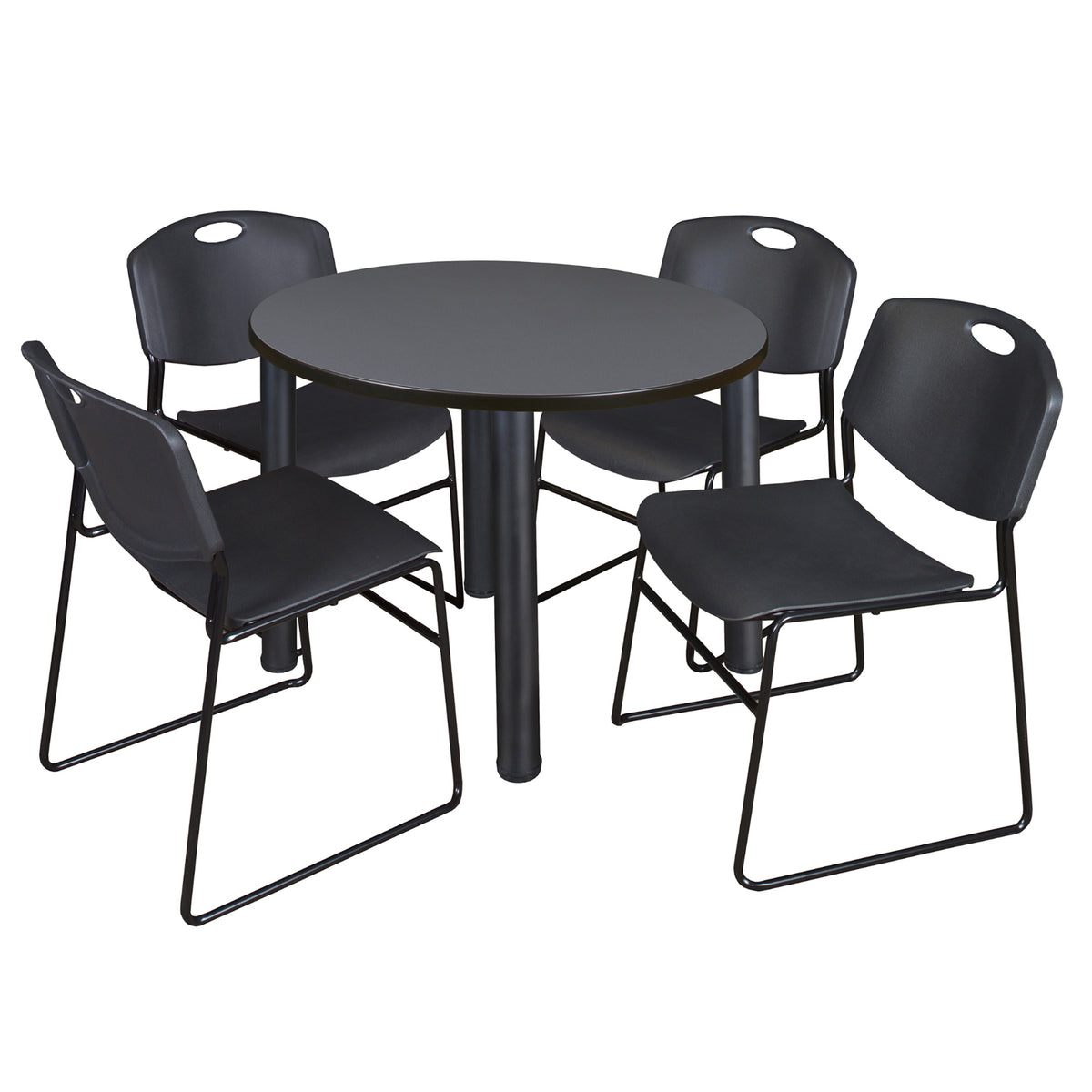 Kee Round Breakroom Table and Chair Package, Kee 36" Round Post-Leg Breakroom Table with 4 Zeng Stack Chairs