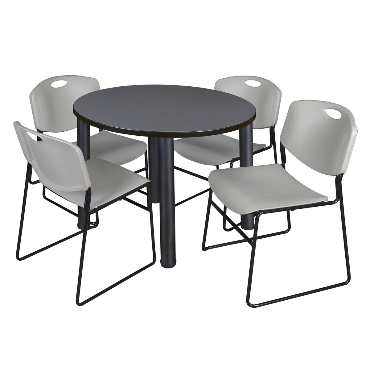 Kee Round Breakroom Table and Chair Package, Kee 36" Round Post-Leg Breakroom Table with 4 Zeng Stack Chairs