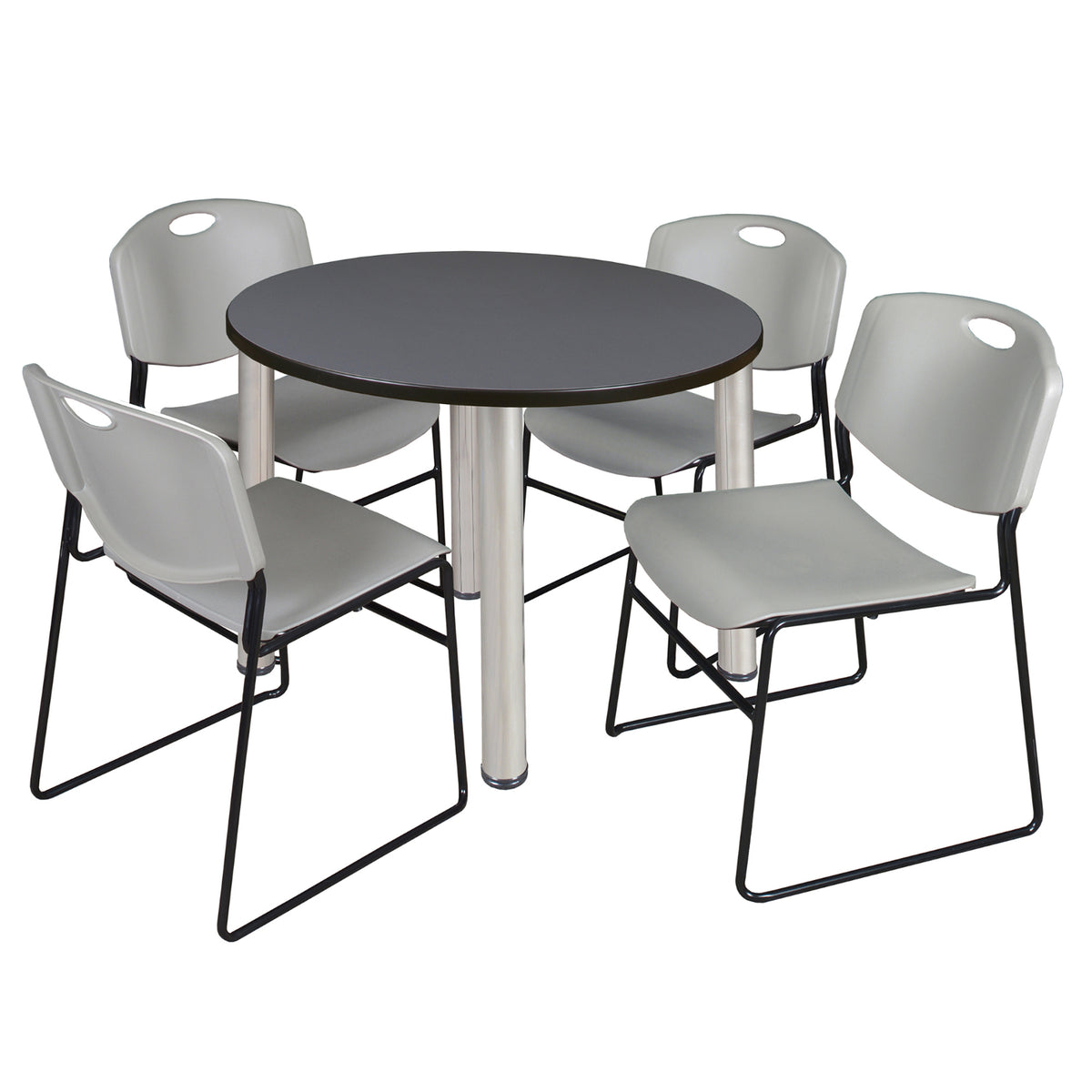 Kee Round Breakroom Table and Chair Package, Kee 36" Round Post-Leg Breakroom Table with 4 Zeng Stack Chairs