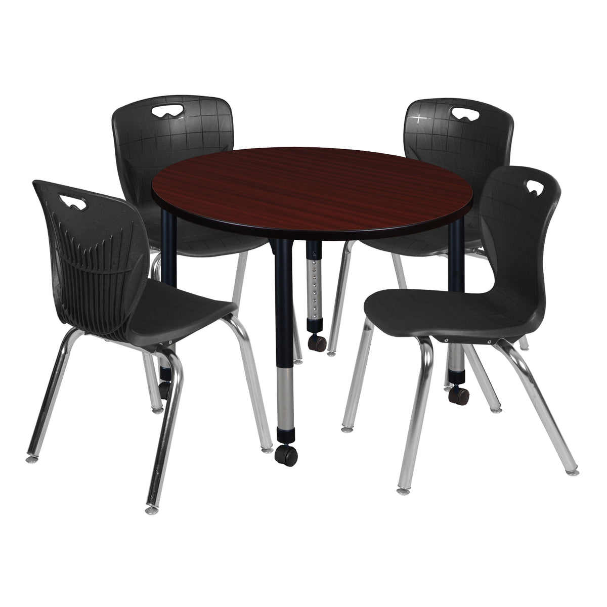 Kee Classroom Table and Chair Package, Kee 36" Round Mobile Adjustable Height Table with 4 Andy 18" Stack Chairs