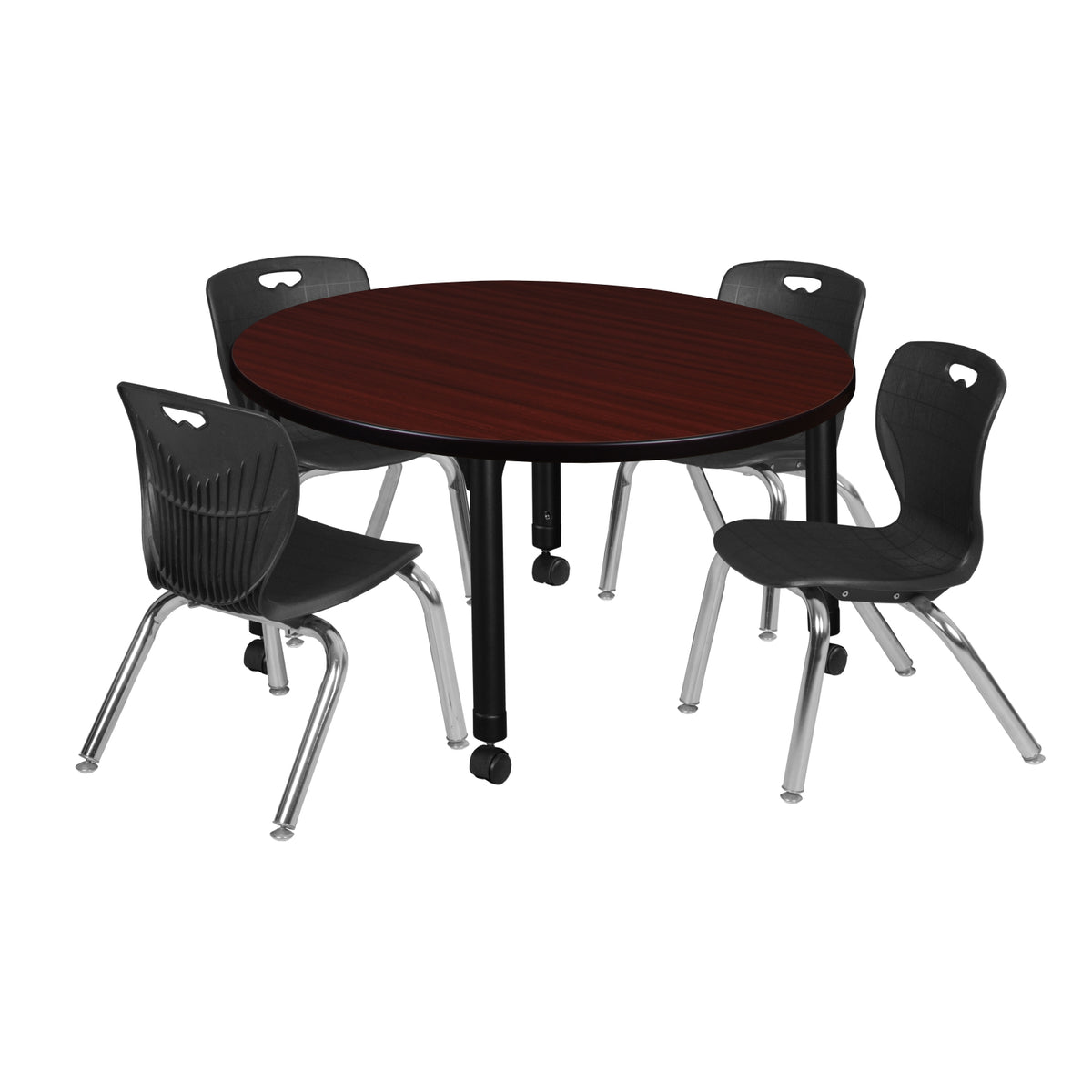 Kee Classroom Table and Chair Package, Kee 36" Round Mobile Adjustable Height Table with 4 Andy 12" Stack Chairs