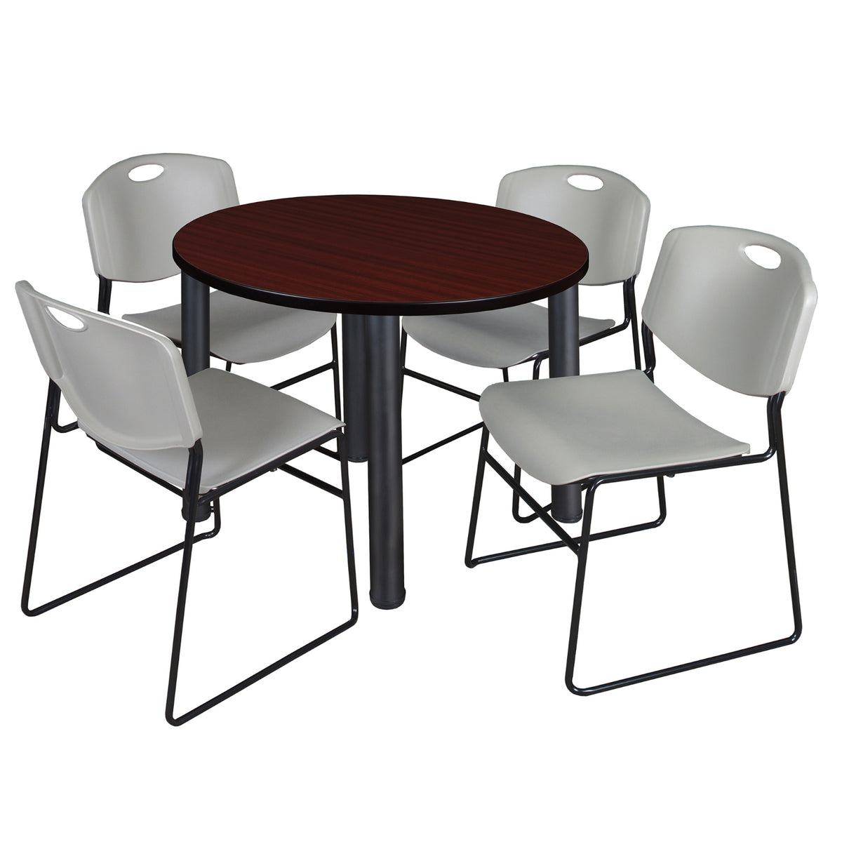 Kee Round Breakroom Table and Chair Package, Kee 36" Round Post-Leg Breakroom Table with 4 Zeng Stack Chairs