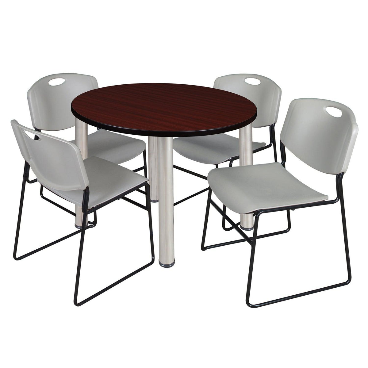 Kee Round Breakroom Table and Chair Package, Kee 36" Round Post-Leg Breakroom Table with 4 Zeng Stack Chairs