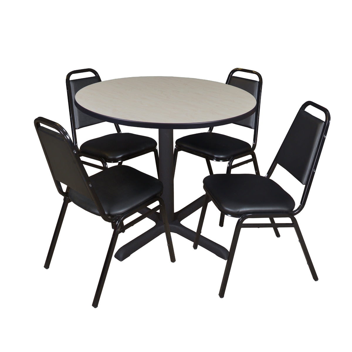 Cain Round Breakroom Table and Chair Package, Cain 36" Round X-Base Breakroom Table with 4 Restaurant Stack Chairs