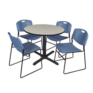 Cain Round Breakroom Table and Chair Package, Cain 36" Round X-Base Breakroom Table with 4 Zeng Stack Chairs