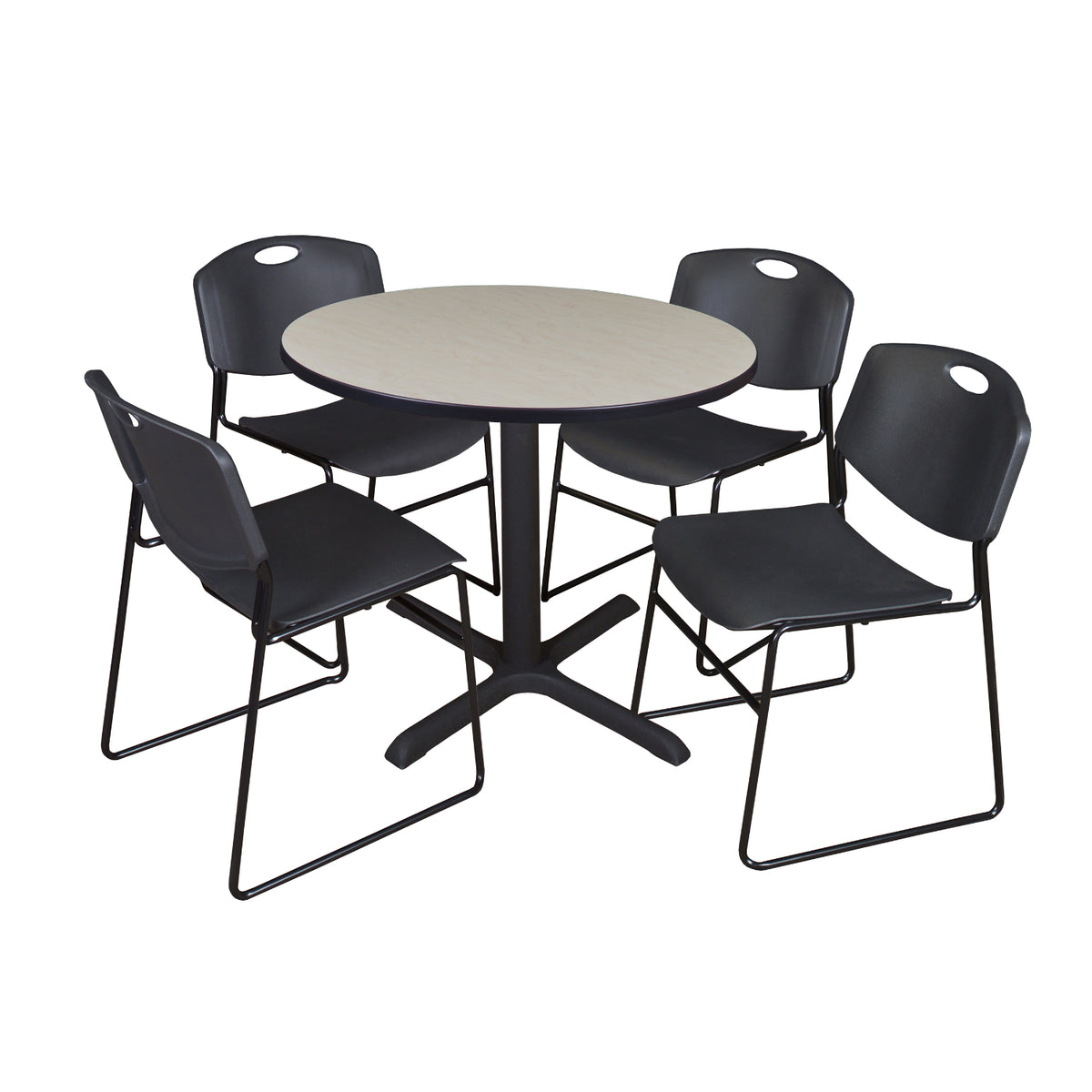 Cain Round Breakroom Table and Chair Package, Cain 36" Round X-Base Breakroom Table with 4 Zeng Stack Chairs