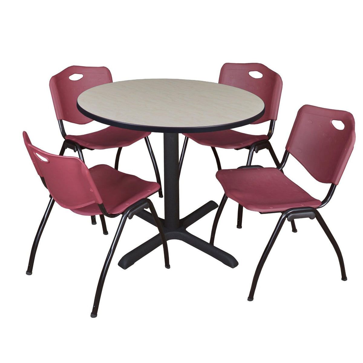 Cain Round Breakroom Table and Chair Package, Cain 36" Round X-Base Breakroom Table with 4 "M" Stack Chairs
