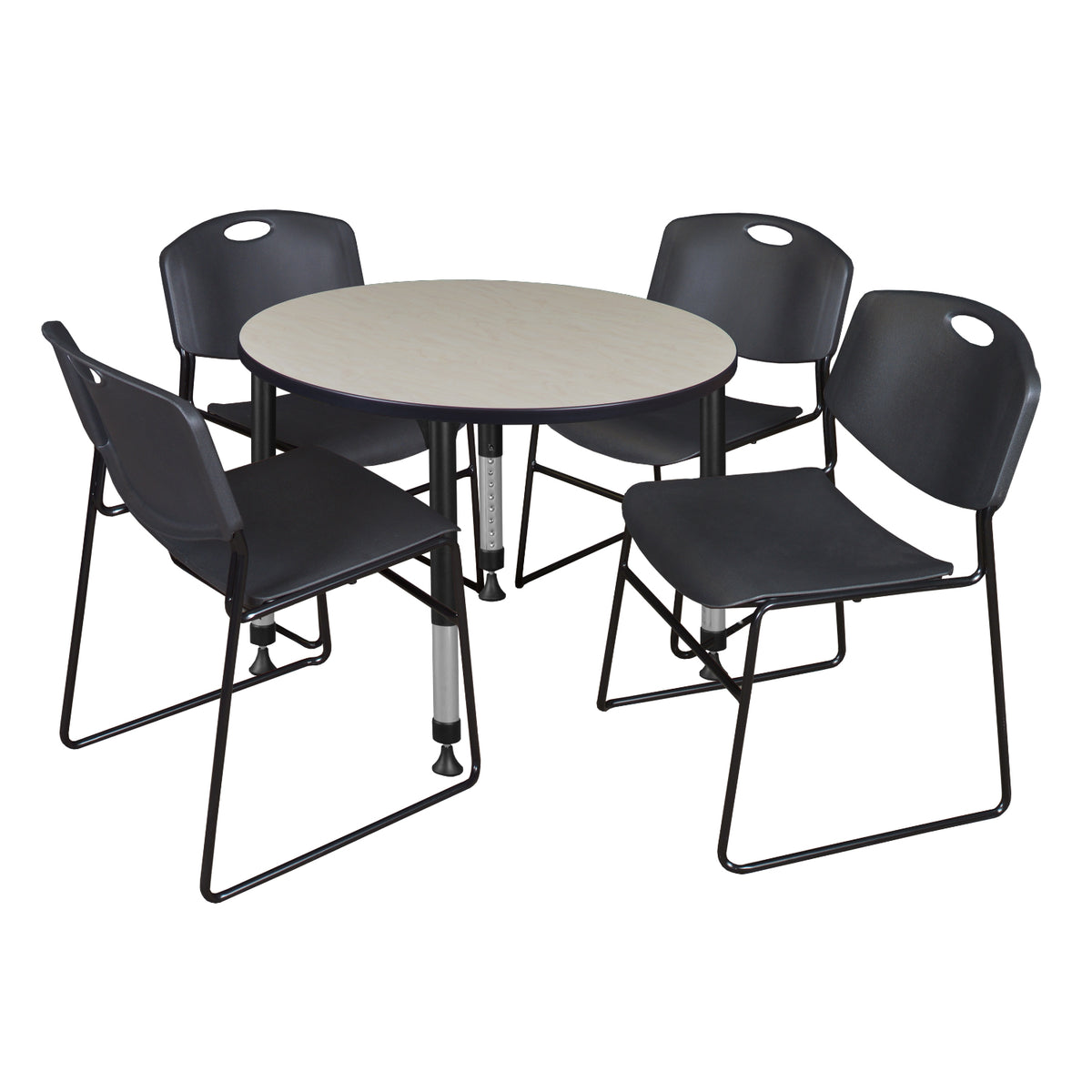Kee Classroom Table and Chair Package, Kee 36" Round Adjustable Height Table with 4 Black Zeng Stack Chairs