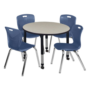 Kee Classroom Table and Chair Package, Kee 36" Round Mobile Adjustable Height Table with 4 Andy 18" Stack Chairs