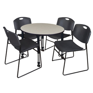 Kee Classroom Table and Chair Package, Kee 36" Round Mobile Adjustable Height Table with 4 Black Zeng Stack Chairs