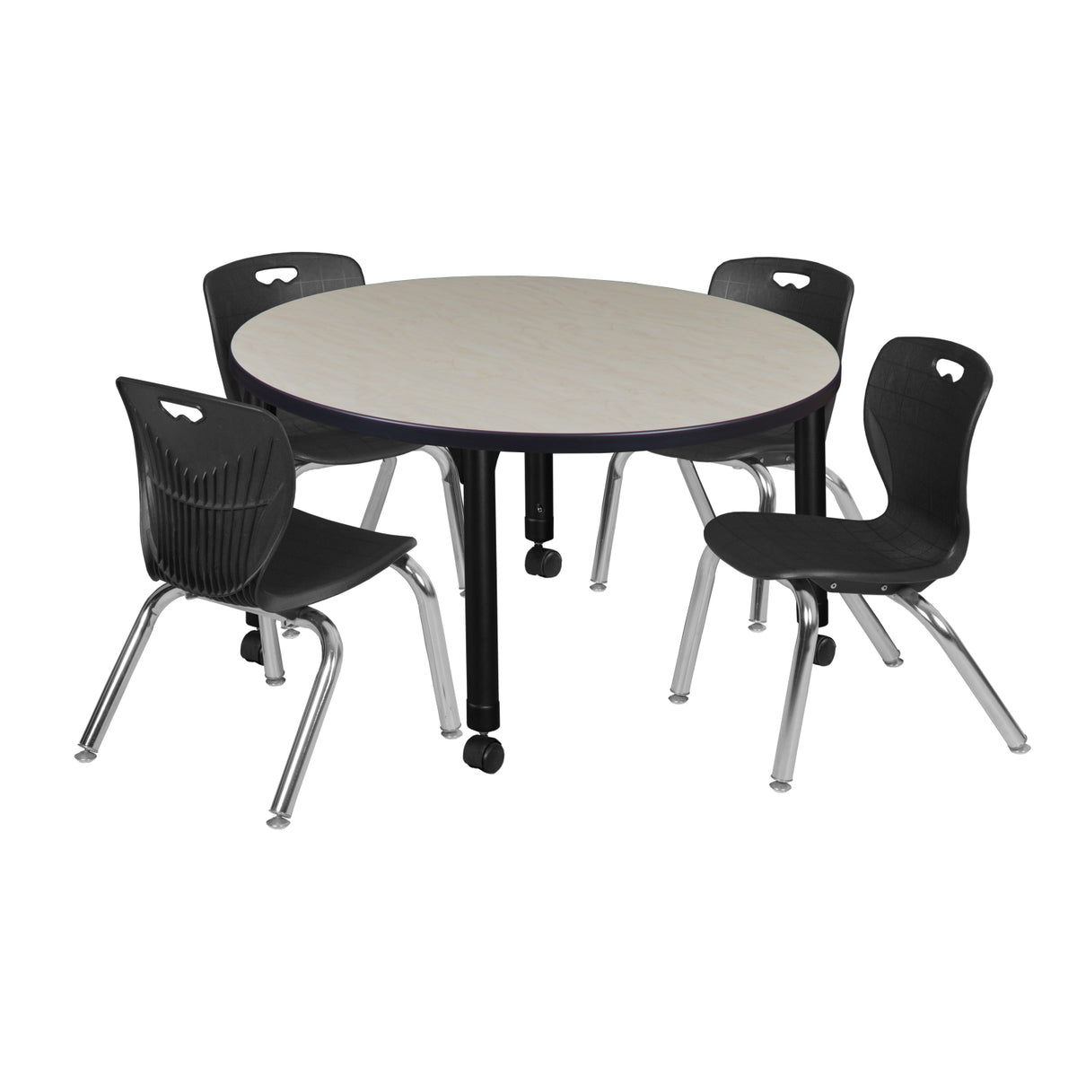Kee Classroom Table and Chair Package, Kee 36" Round Mobile Adjustable Height Table with 4 Andy 12" Stack Chairs