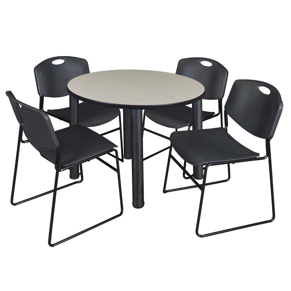 Kee Round Breakroom Table and Chair Package, Kee 36" Round Post-Leg Breakroom Table with 4 Zeng Stack Chairs