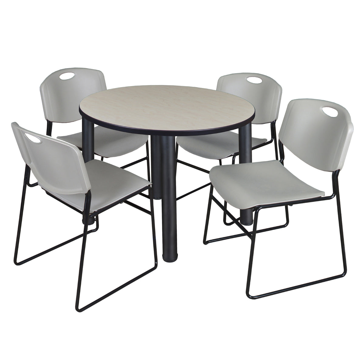 Kee Round Breakroom Table and Chair Package, Kee 36" Round Post-Leg Breakroom Table with 4 Zeng Stack Chairs