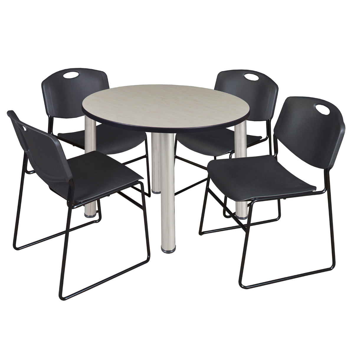 Kee Round Breakroom Table and Chair Package, Kee 36" Round Post-Leg Breakroom Table with 4 Zeng Stack Chairs