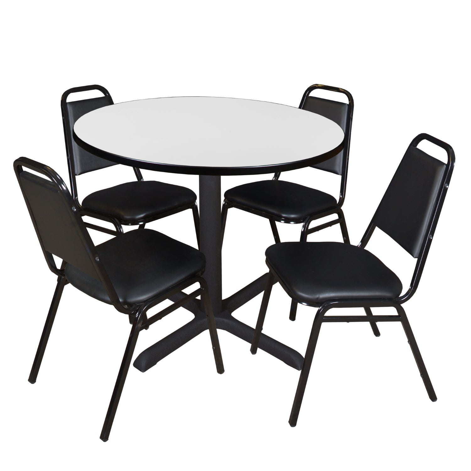 Cain Round Breakroom Table and Chair Package, Cain 36" Round X-Base Breakroom Table with 4 Restaurant Stack Chairs