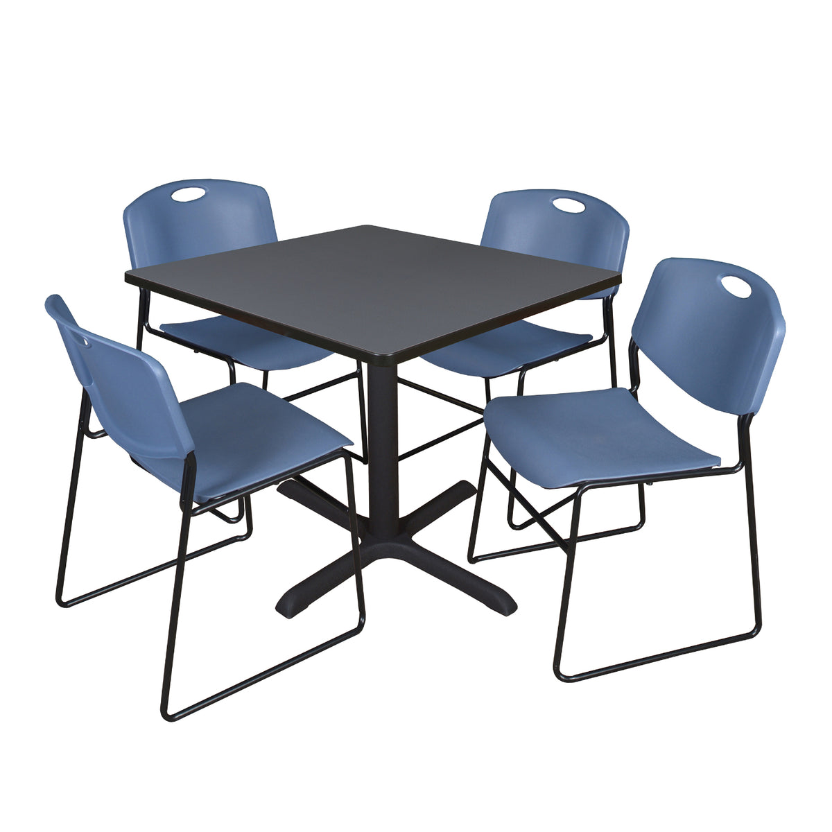 Cain Square Breakroom Table and Chair Package, Cain 42" Square X-Base Breakroom Table with 4 Zeng Stack Chairs