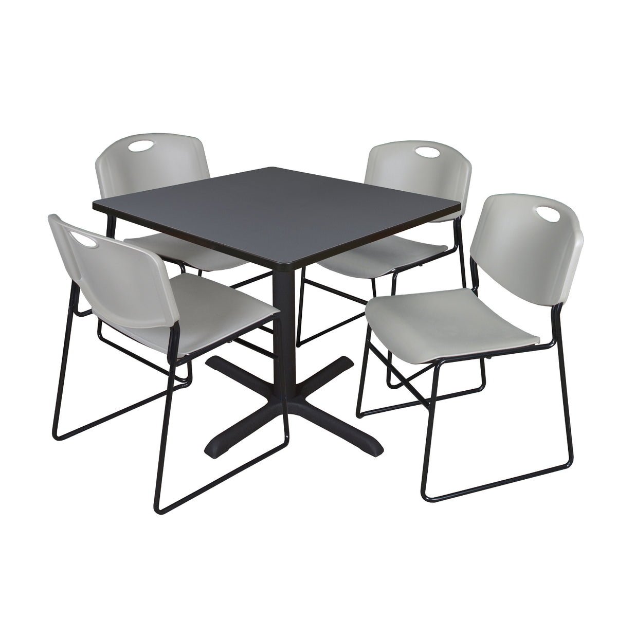 Cain Square Breakroom Table and Chair Package, Cain 42" Square X-Base Breakroom Table with 4 Zeng Stack Chairs