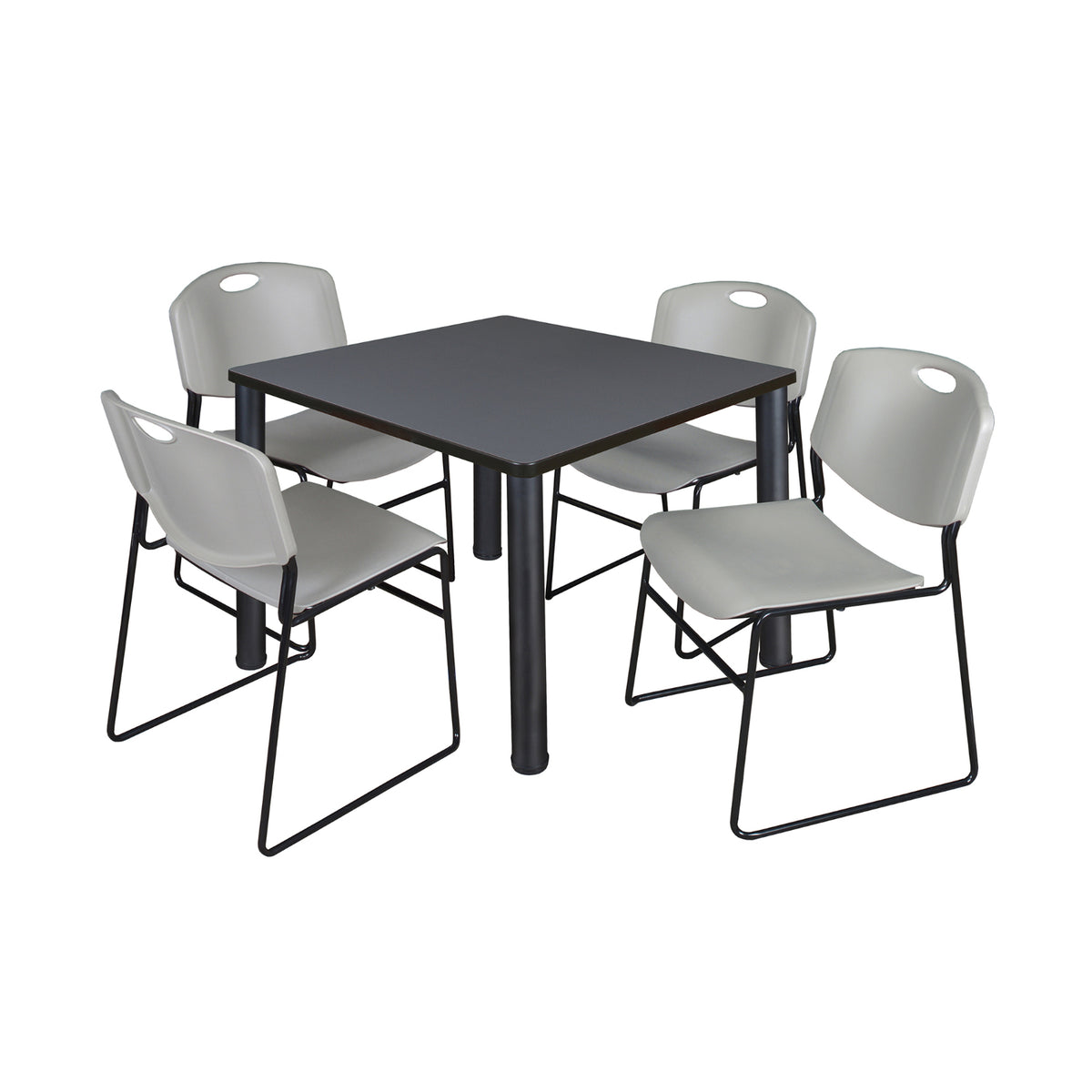 Kee Square Breakroom Table and Chair Package, Kee 42" Square Post-Leg Breakroom Table with 4 Zeng Stack Chairs