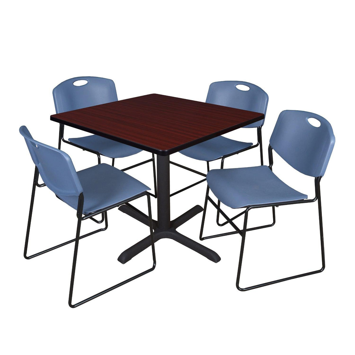Cain Square Breakroom Table and Chair Package, Cain 42" Square X-Base Breakroom Table with 4 Zeng Stack Chairs