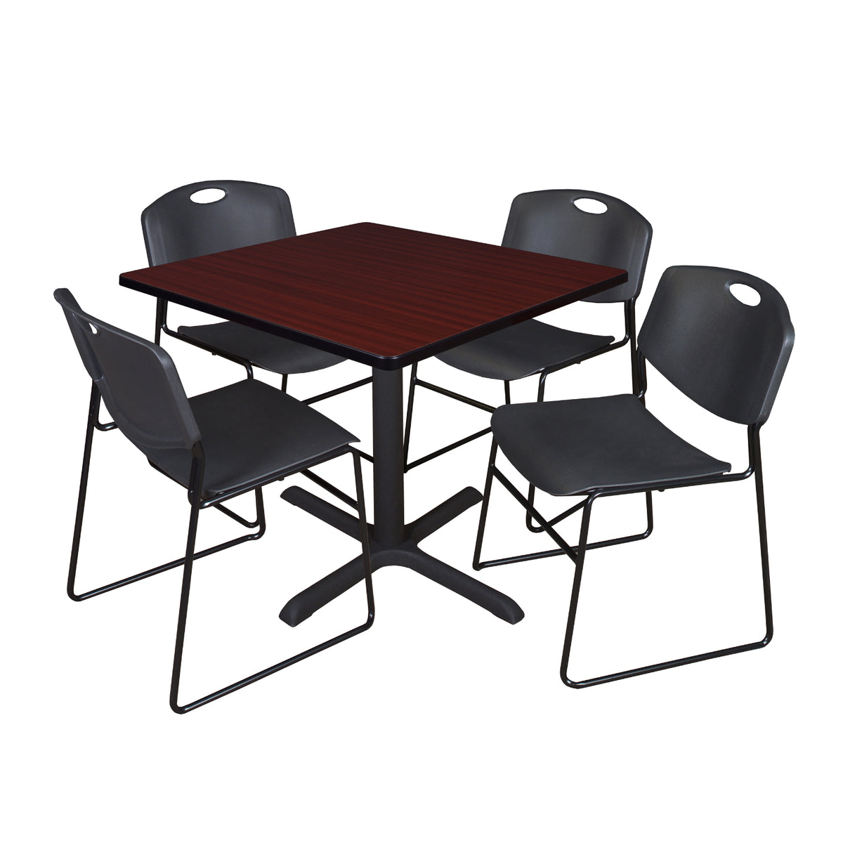 Cain Square Breakroom Table and Chair Package, Cain 42" Square X-Base Breakroom Table with 4 Zeng Stack Chairs