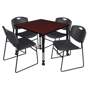 Kee Classroom Table and Chair Package, Kee 42" Square Mobile Adjustable Height Table with 4 Black Zeng Stack Chairs