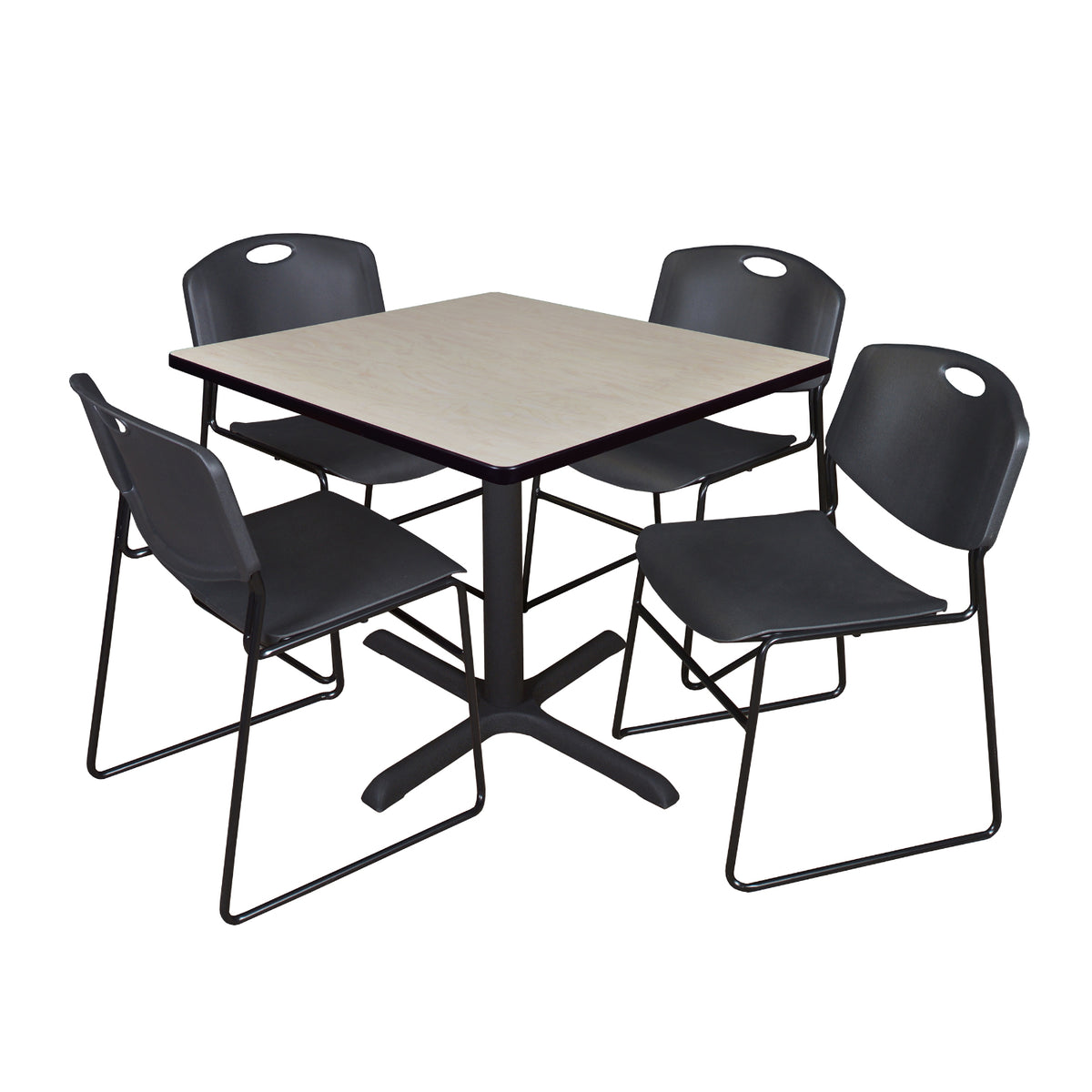 Cain Square Breakroom Table and Chair Package, Cain 42" Square X-Base Breakroom Table with 4 Zeng Stack Chairs