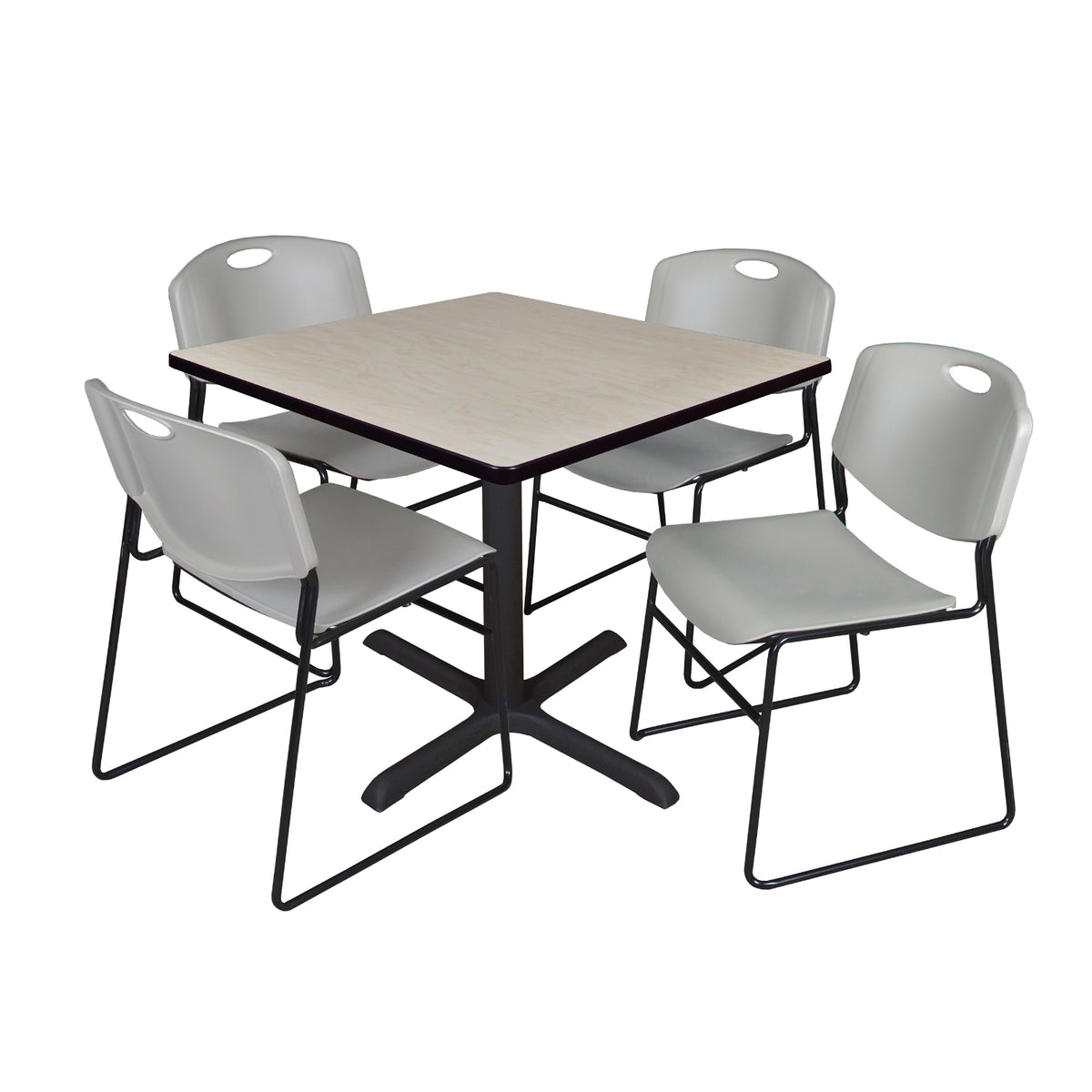 Cain Square Breakroom Table and Chair Package, Cain 42" Square X-Base Breakroom Table with 4 Zeng Stack Chairs