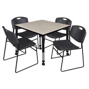 Kee Classroom Table and Chair Package, Kee 42" Square Mobile Adjustable Height Table with 4 Black Zeng Stack Chairs